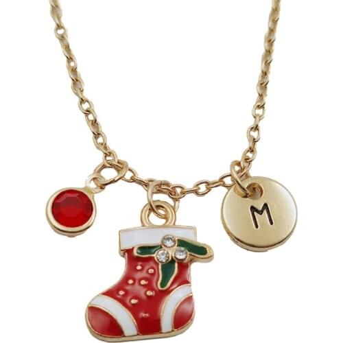 Christmas Socks Gift Bags Initial Letter Creative Birthstone Gold Necklace Fashion Jewelry Women Accessories Pendant