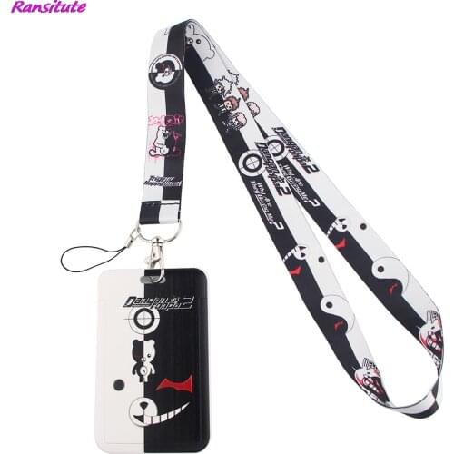 Ransitute R1397 Black And White Anime Bear Card Holder Student Hanging Neck Mobile Phone Lanyard Badge Subway Access Card Holder