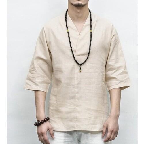 Hanfu Men Casual Shirt Solid Retro Stand Collar Tops Cotton Linen Long Sleeve Chinese Traditional Shirts Men Streetwear 30342