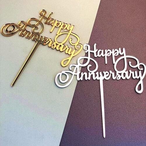 Happy Anniversary Acrylic Cake Topper Gold Silver Cupcake Topper For Wedding Anniversary Valentines Day Party Cake Decorations