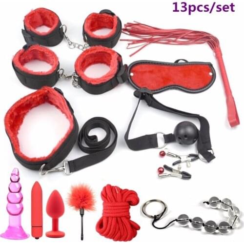 Sex Handcuffs Whip Mouth Gag Rope Anal Beads Butt Plug Bullet Vibrator Sex Toys for Woman BDSM Slave Sex Bondage Restraints Set