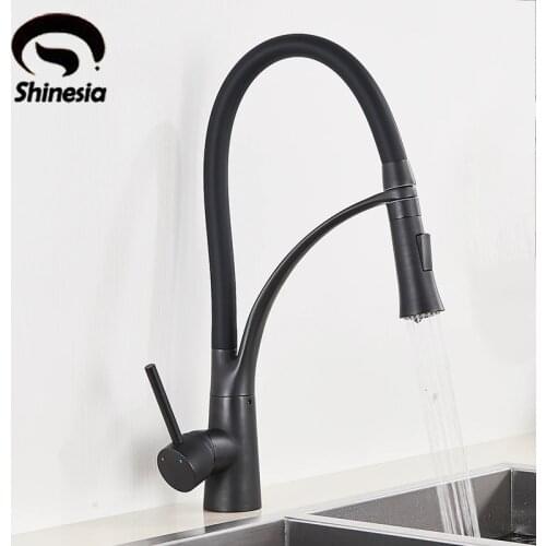 Shinesia Matte Black Kitchen Faucet Deck Mount Pull Out Dual Sprayer Nozzle Hot & Cold Water Kitchen Sink Faucet Mixer Taps