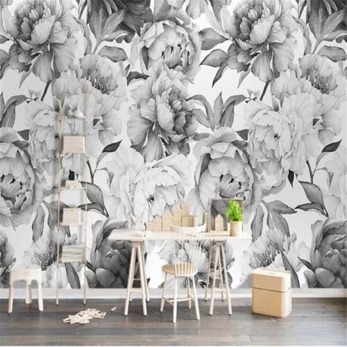 Milofi Nordic black and white peony TV background wall large wallpaper mural wall