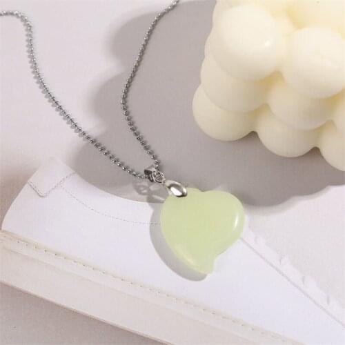 Retro Trendy Simple Heart Love Stone Luminous Necklace Stainless Steel Ball Bead Link Chain Fashion Women Jewelry