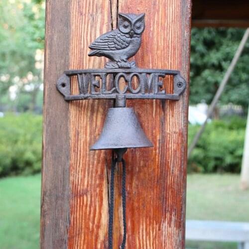 Vintage Owl With Hollow Welcome Signs Arc Cast Iron Hand Cranking Wall Mounted Bell Farm House Home Garden Decor Animal Figurine