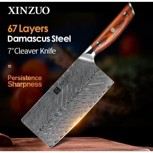 XINZUO 7'' inches Cleaver Meat Knife Stainless Steel VG10 Damascus Cooking Tools Cleaver Best Gift Knives Rose wood Handle