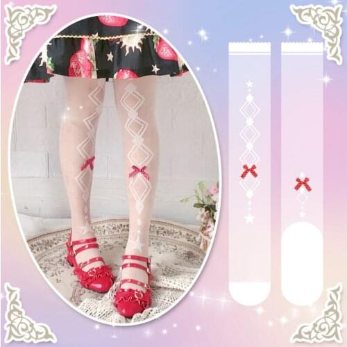 Japanese Rhombus Print Lolita Kawaii Glass Stockings Over knee Socks Lolita Young Girl Student Sweet Bowknot Tight Socks Cosplay