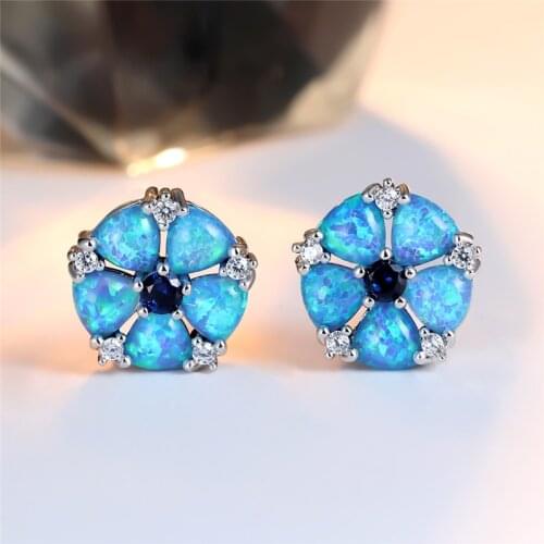 Female Multicolor Opal Stone Earrings Charm Flower Small Stud Earrings For Women Rose Gold Silver Color Crystal Wedding Earrings