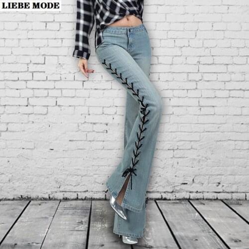 Womens Black Denim Hollow Out Bell Bottom Jeans Tie Lace Up Sexy Cross Bandage Vintage Boot Cut Jeans Push Up for Women Flare