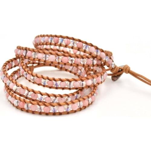Retro 4mm Faceted Crystal Beaded Wrap Bracelet for Women Girls Romantic Pink Shell 5 Strands Boho Bracelets Femme Jewelry