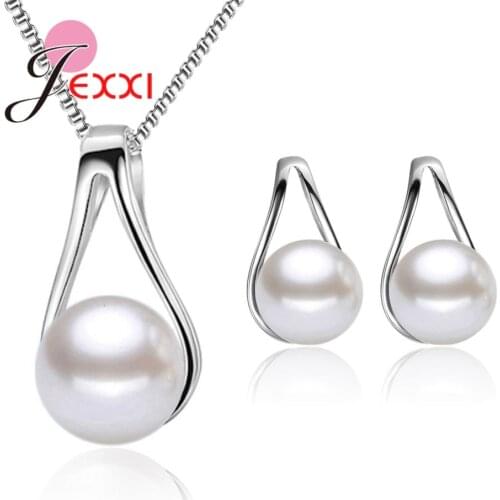 New Arrival Women Fashion Freshwater Pearl Jewelry Sets 925 Sterling Silver Round Pearl Pendant Necklace Earrings Sets For Sale