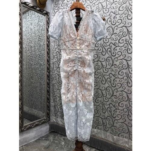 Top Quality Lace Dress 2021 Autumn Party Vestidos Special Occasion Women V-Neck Beading Deco Short Sleeve Blue Bodycon Dress