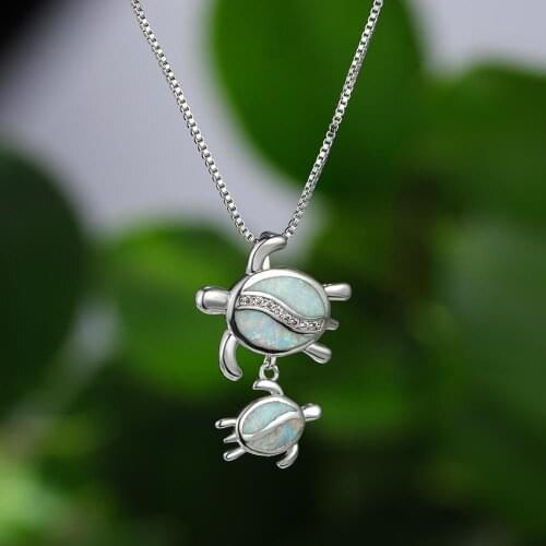 Boho Female White Opal Pendant Necklace Classic Silver Color Chain Necklaces For Women Cute Crystal Turtles Wedding Necklace