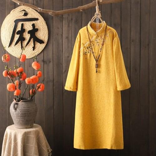Womens Dress 2020 Spring new Vintage Long Sleeve Dress Cotton and Linen Embroidery Dress women