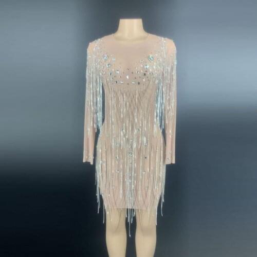 New Spring Silver Glass Rhinestones Fringe Transparent Dress Long Sleeves Birthday Celebrate Outfit Women DS Dance Dress