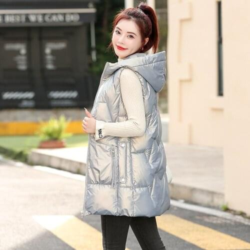 Women Autumn Winter Mid-long Waistcoat Vest 2021 New Casual Shiny fabric Solid Sleeveless Hooded Thick Warm padded Vest Coat