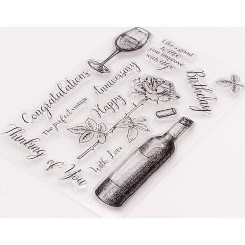 R7RC 1 Pcs Transparent Rose Wine Embossing Silicone Clear Stamp, DIY Stencil Clear Stamp Set for Scrapbooking Making