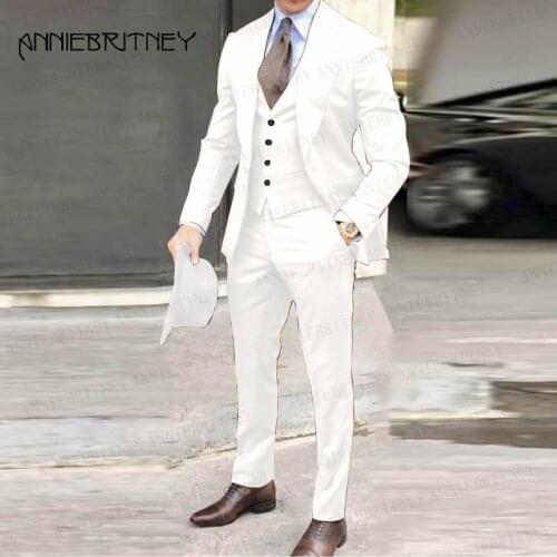 2020 White Suit For Men 3 Pieces Set Mens Party Prom Wedding Suits Groom Tuxedo Slim Fit Blazer Business Jacket Vest with Pants