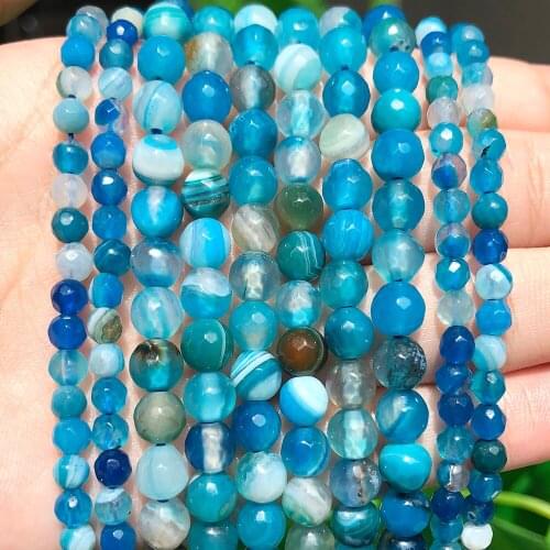 4 6 8 10 12mm Faceted Natural Stone Beads Smooth Blue Stripes Agates Beads DIY Spacer Loose Beads for Jewelry Making Bracelets