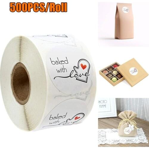 500x Labels Natural Kraft Paper Round "Baked with Love" Stickers Seal Labels Roll Sticker For Package Decorate Handmade Stickers