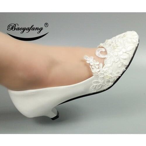 BaoYaFang New arrival White Lace Women Wedding shoes Flower Bride shoes woman Fashion Dress shoe female Big size shoe