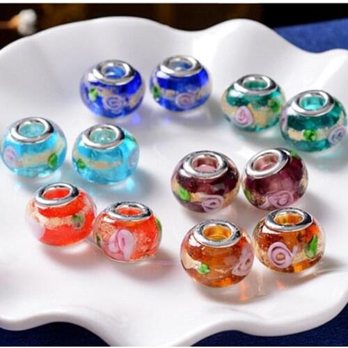 50pcs / Lot Fashion Round Foil Flower Lampwork Glass Big hole Beads Fit European Charm Bracelet DIY Jewelry Gift GB05