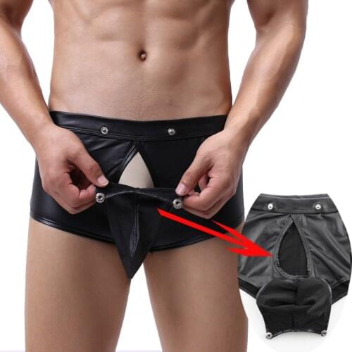 Mens Patent Leather Boxer Shorts Sexy Temptation Button Open Big Penis Pocket Gay Underwear PU Leather Mens Boxershorts Stage