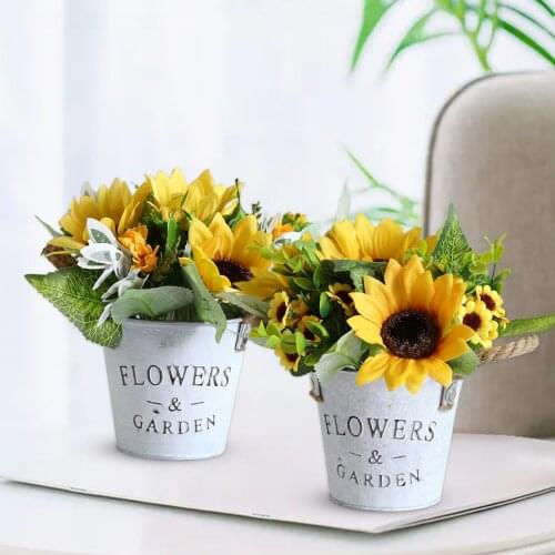 Simulation Sunflower Potted Retro Tin Bucket Hemp Rope Plant Ornaments Sunflower Simulation Plant Bedroom Home Desktop Decor