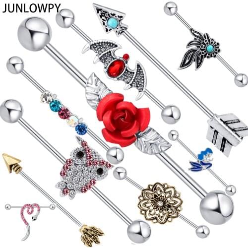 JUNLOWPY Industrial Barbell Piercing Rose Arrow Cartilage Earring 14G Stainless SteelScrew Helix Ear Bar Body Jewelry Mix 20pcs