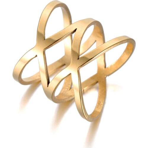 Trendy Hollow Double X Shapae Anniversary Rings Gold Color Stainless Steel Wedding Ring Jewelry For Women Christmas Gifts R18121