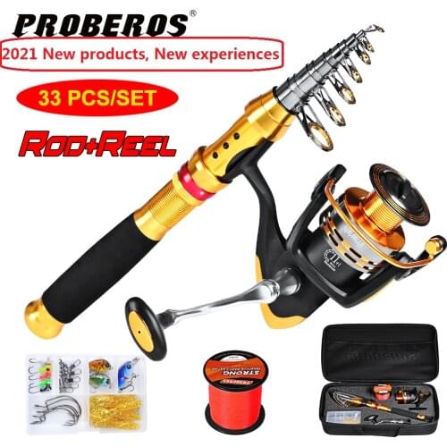 PROBEROS 2019 Fishing Rod+Reel+Line Fishing Tackle Set Fishing Wheel Kits with Line Hook Baits Jigs Hook Swivels Storage Bag