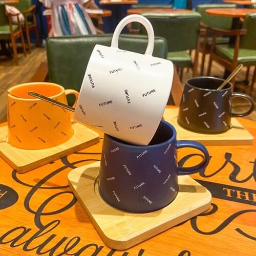 New Nordic Style 240mL Coffee Ceramic Cup with Wooden Saucer and Golden Spoon Creative English Alphabet Pattern Office Home Mugs