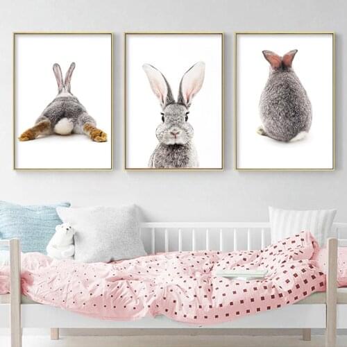 Grey Rabbit Animal Posters and Prints Canvas Art Painting Cute Bunny Wall Art Nursery Decorative Picture Nordic Kids Decoration