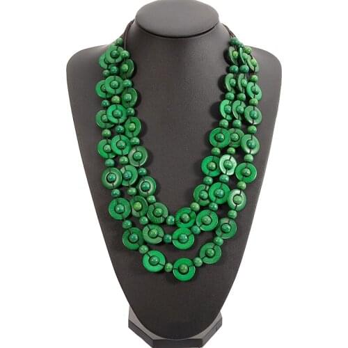 Most Popular Jewelry Bohemia Multi Layer Rope Chain Woven Wooden Beads Geometric Circular Pendants Long Necklace for Women 2021