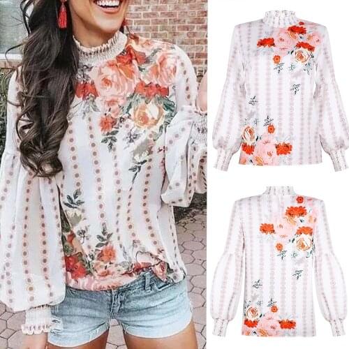 New Sexy Women Floral Print Shirt Lantern Sleeve O-Neck Shirt Blouses Size S M L XL 2XL Womens Tops