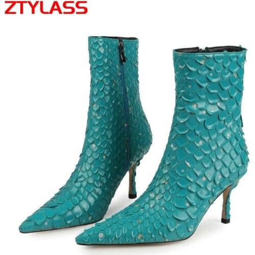 Big Size Womens Shoes 34-45 Fahion Zipper Fish-scale Print Ankle Boots Autumn Winter Pointed Toe Thin High Heel Lady Shoes