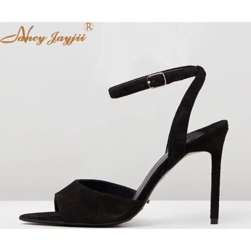 Women Sandals Ankle-Wrap Flock Buckle Strap Black Solid Super High Thin Heels Office&Career Party Mature Concise Ladies Basic