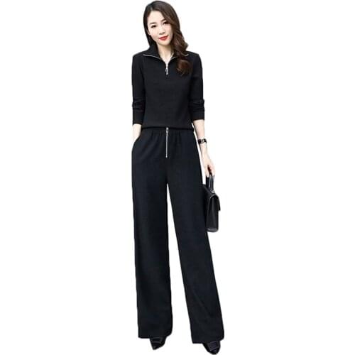 Womens Sets 2021 New Spring Autumn Wide Leg Pants Set Ladies Fashion Loose Long Sleeved Top + Long Pants Two Piece Suit Q04