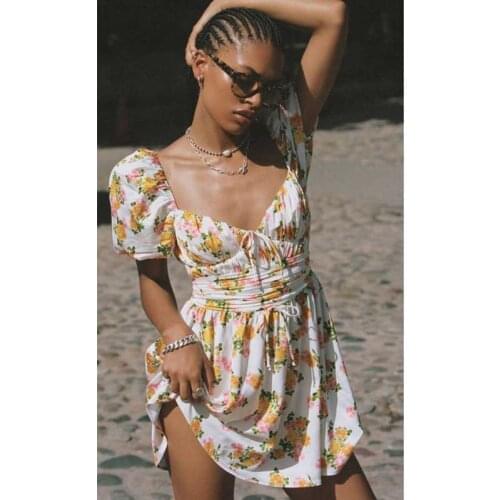 Boho Inspired floral print mini dress shirred sweetheart neckline chic summer dress puff sleeves cute ladies party dress vintage