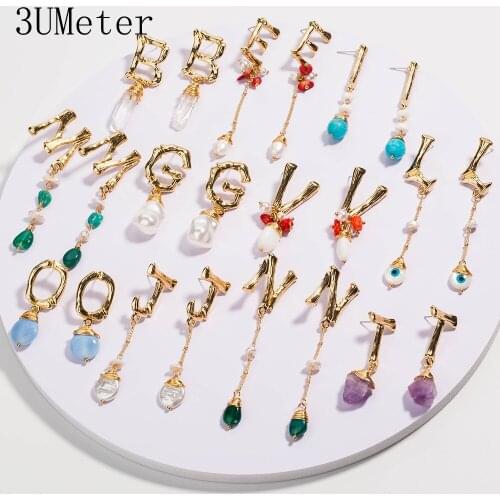 3UMeter 2019 New Simple Natural Baroque Pearl Earrings For Women Natural Stone 26 Letter Name Earrings Gift Drop Shipping
