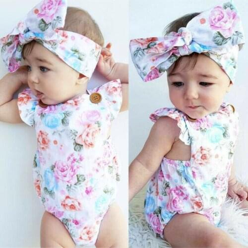 Newborn Infant Baby Girls Floral Bodysuit Romper + Headband Jumpsuit Summer Clothes Outfits Sunsuit