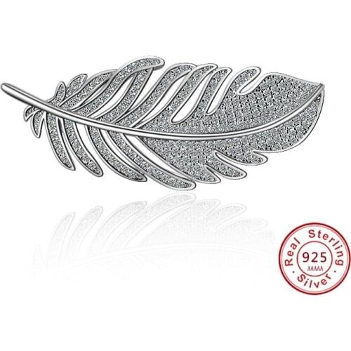 Fashion leaf Feather 925 sterling silver Brooches for Women Corsages with Shining Crystal Brooch Big Scarf Clothes Accessories