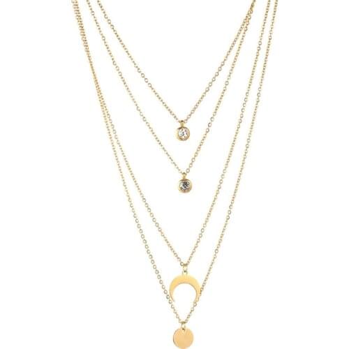 Stainless Steel Multilayer Chain Crystal Disc Moon Pendant Necklaces For Women 4 Layer Choker Necklace Simple Jewelry