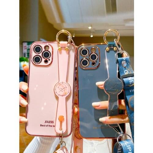 Nadege For iphone 12 Mini 11 Pro Max X Xs XR SE 7 6s plus 8plus Electroplate Soft TPU Neck Wrist Strap Lanyard Phone Holder Case
