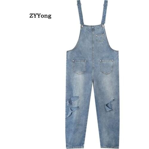 Men Hole Denim Jumpsuit Bib Loose Big Ripped Jeans Hip Hop Freight Cargo Pants Overalls Streetwear Leisure Blue Trousers