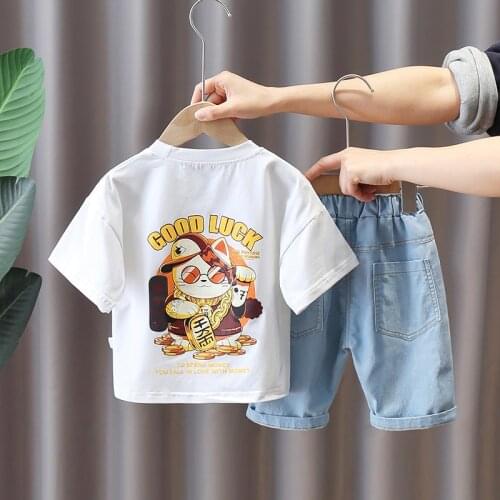 Boys New Summer Clothing Toddler Boy Clothes Fortune Cat Cotton T-Shirt + Denim Shorts 2pc Sets Baby Kids Clothes 0-5 Years
