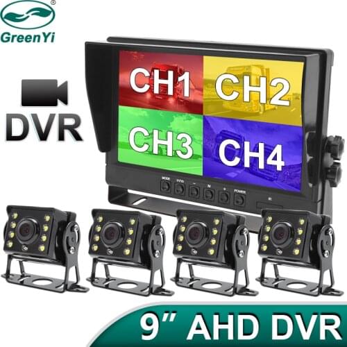 GreenYi 9 inch 4CH AHD Recorder DVR Car Monitor Vehicle Truck Night Vision Rear View Camera Support SD Card Recording