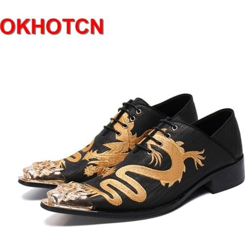 Dragon Embroidered Leather Shoes Men Dress Lace Up Wedding Shoes Metal Toe Mens Classic Shoes Fashion Sapato Social Masculino