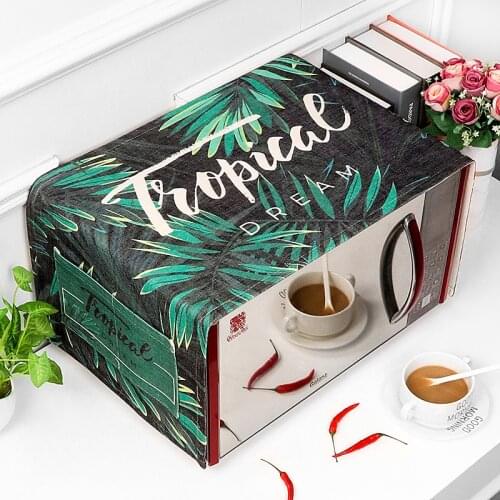 Green Leaves Tropical Cotton and Linen Microwave Oven Cover with Storage Bag Dust Cover Anti Oil