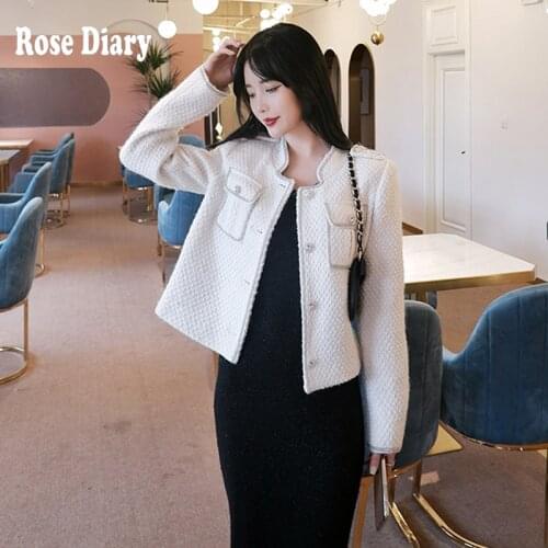 RoseDiary Runway Autumn Women Jacket Fashion Korean Short Coat Vintage Long Sleeve Sliver Button Diamond Outerwear Chic Tops